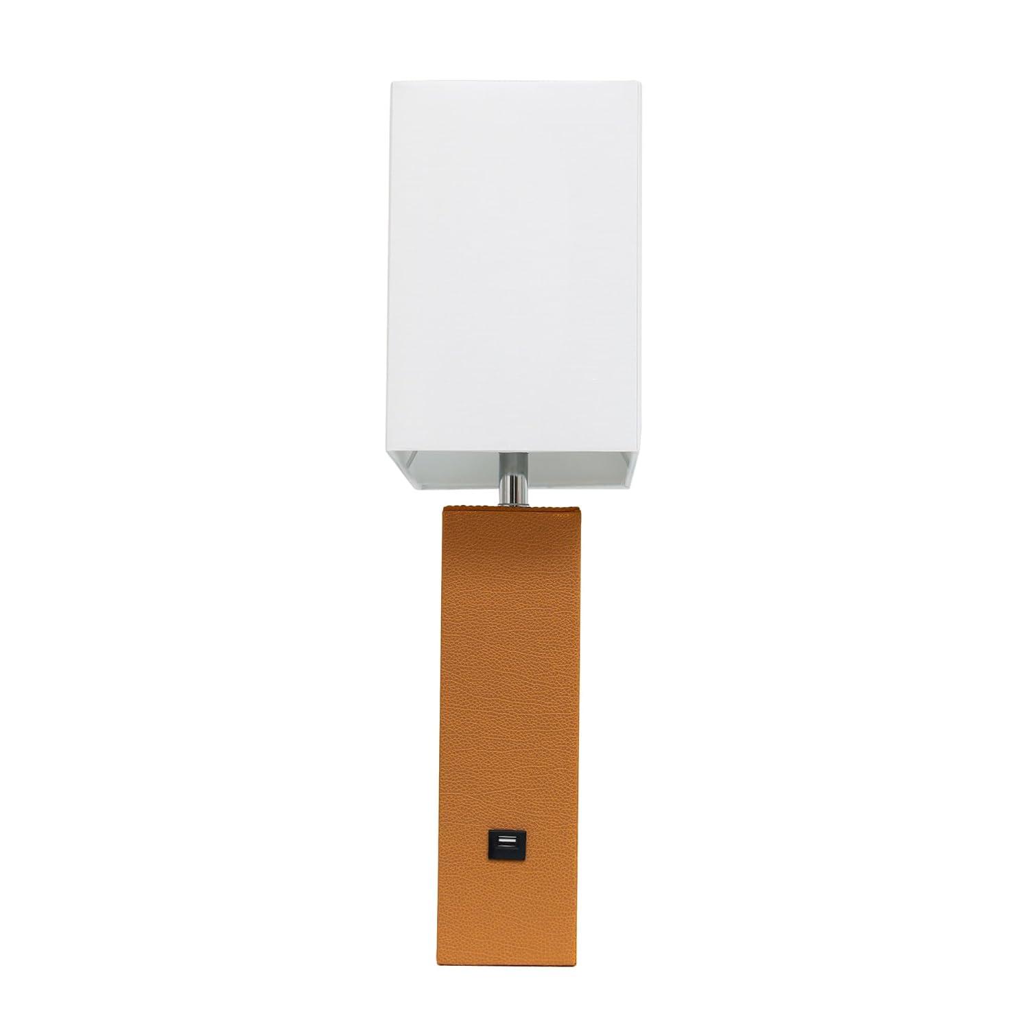 Modern Leather Table Lamp with USB and Fabric Shade Tan - Elegant Designs: No Assembly, UL Listed