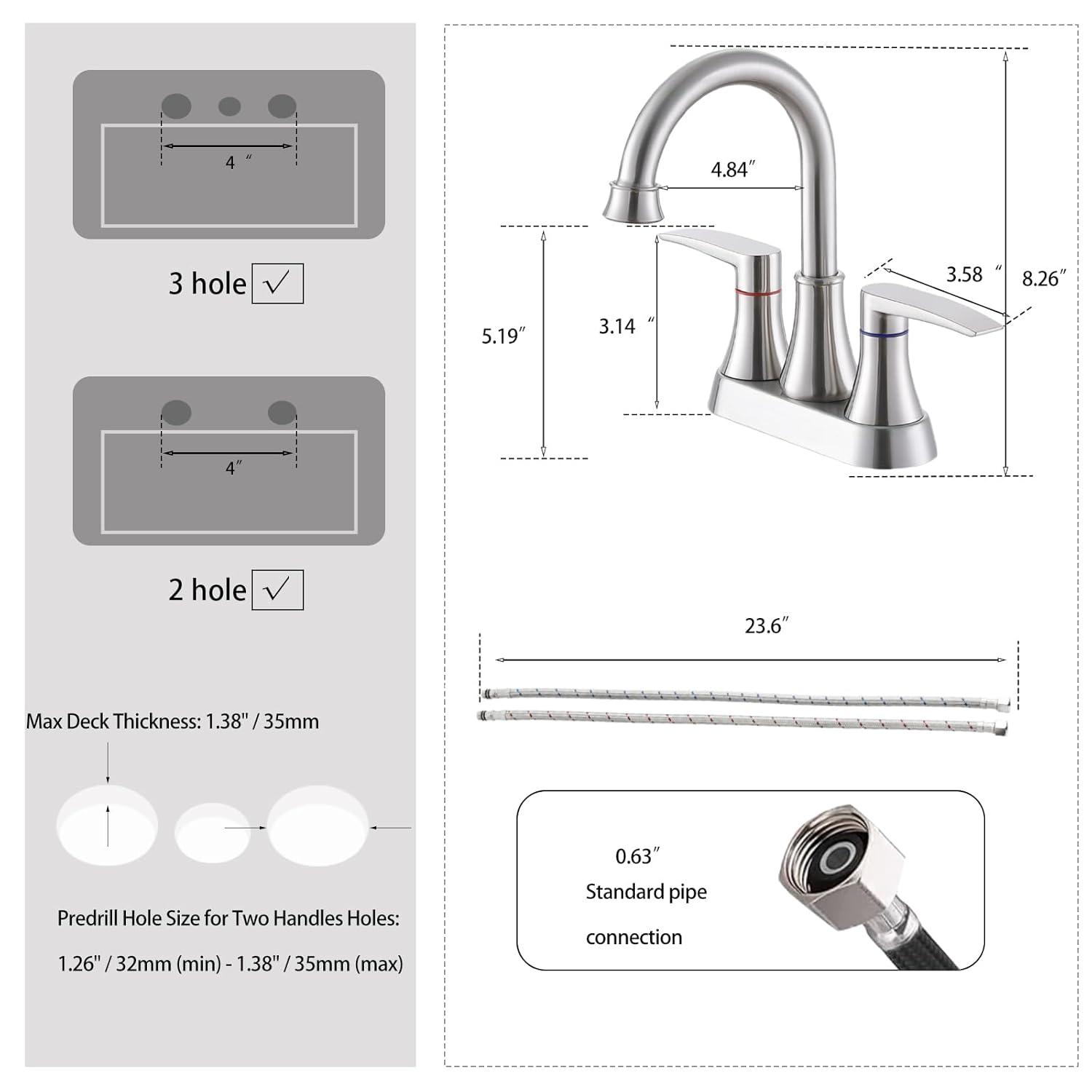 Brushed Nickel Bathroom Faucet, 2-Handle Lead-Free 360° Swivel High-Arc Spout 4 Inch Centerset Bath Lavatory Vanity Sink Faucets Set for Sinks with Drain & Water Hoses, VABM80008L