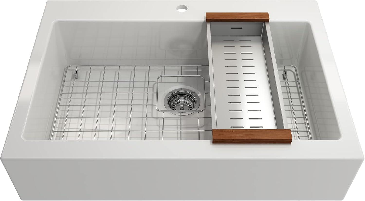 BOCCHI Nuova Apron Front Drop-In Fireclay 34 in. Single Bowl Kitchen Sink with Protective Bottom Grid and Strainer in White