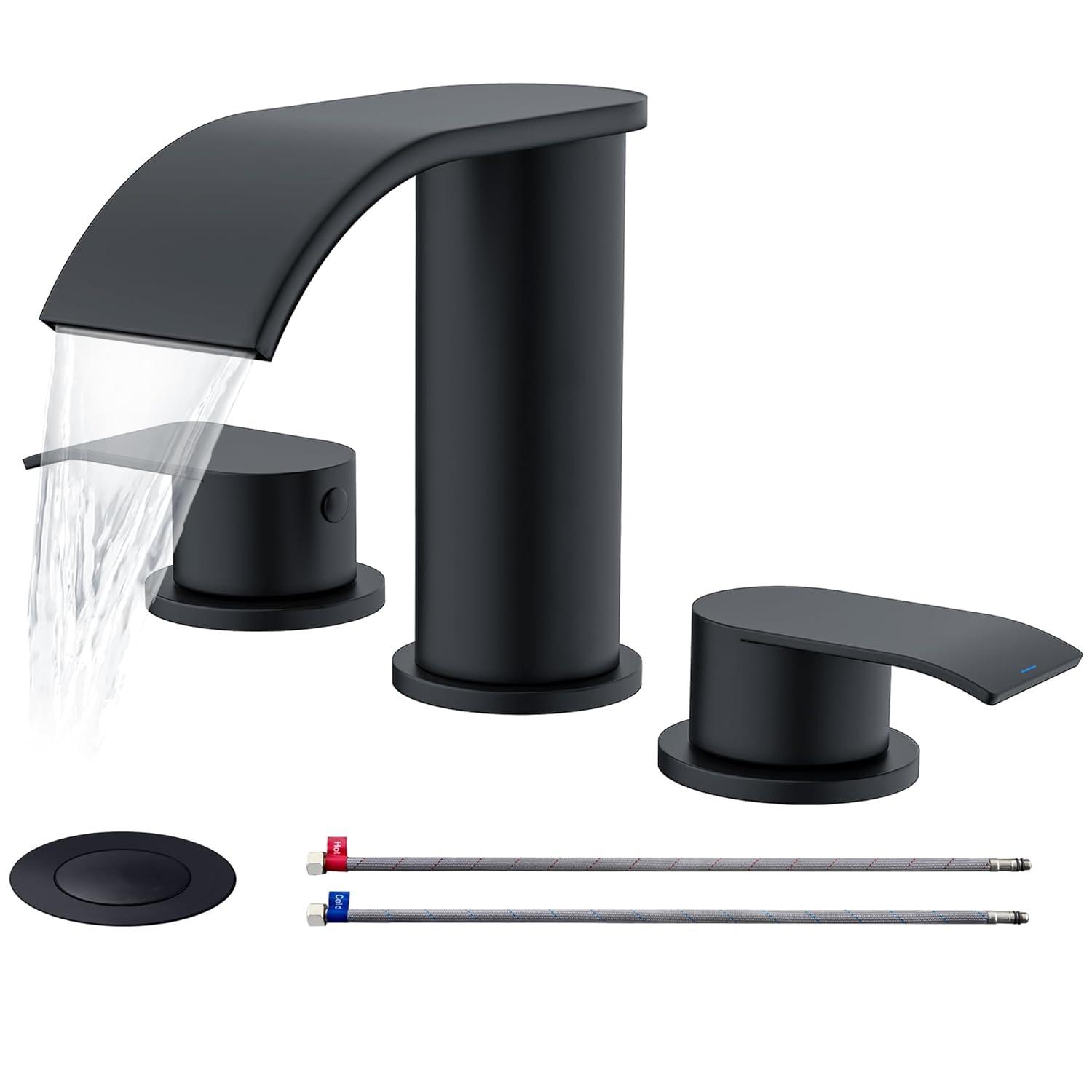 Waterfall Bathroom Sink Faucet Matte Black, Two Handles Bathroom Faucet with Metal Pop up Sink Drain Stopper, 2 or 3 Holes Bathroom Basin Lavatory Mixer Tap with Deck Mount Plate