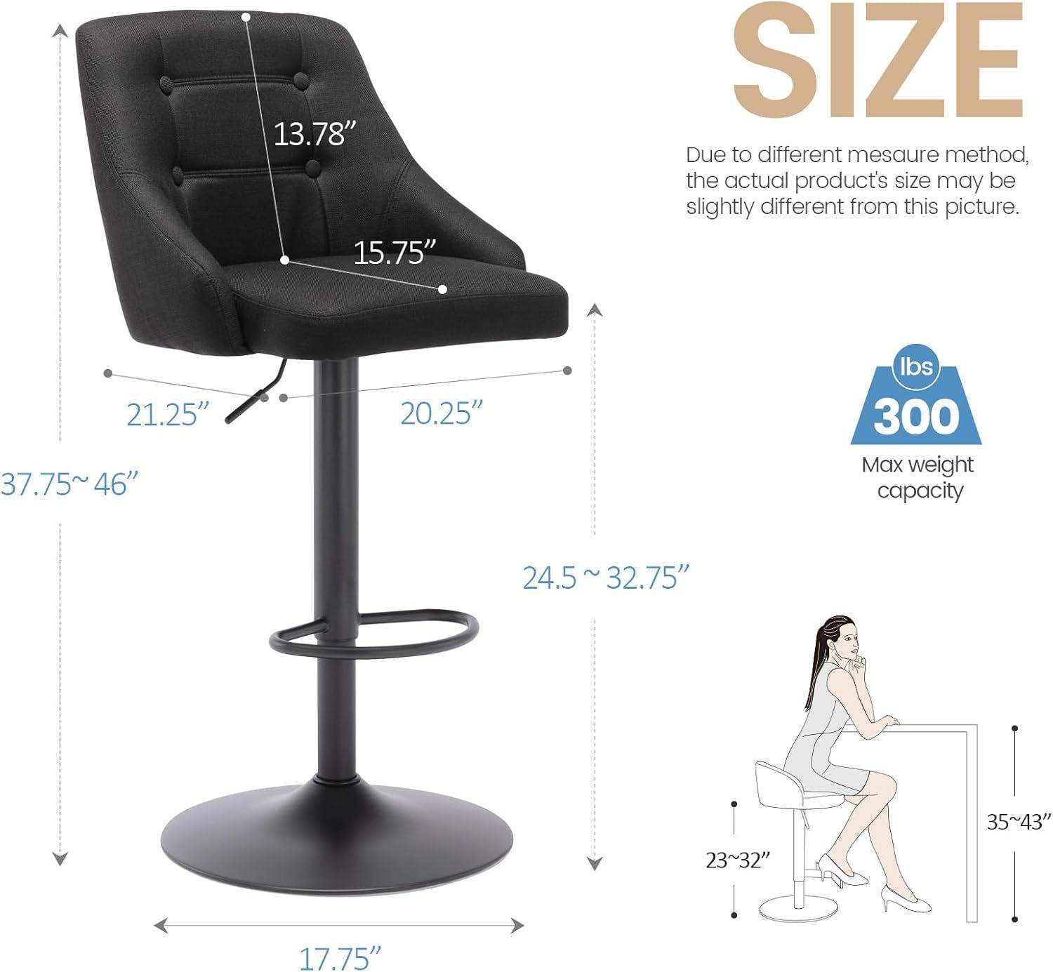 Brage Living Swivel Bar Stool with Back, Adjustable Fabric Tufted Barstool, Upholstered Counter Height Airlift Bar Chair for Kitchen Dining Cafe (Black)