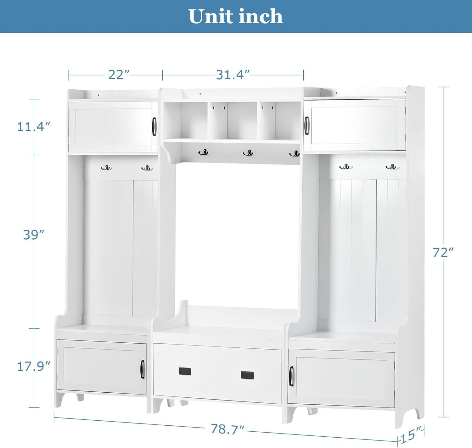 Hall Tree with Bench and Shoe Storage, 4 In 1 Entryway Bench with Coat Rack and 4 Cabinet, Mudroom Bench with 7 Double Hooks, 2 Open Shelves and 1 Drawer Entryway (White, 78.7"L x 15"W x 72"H)