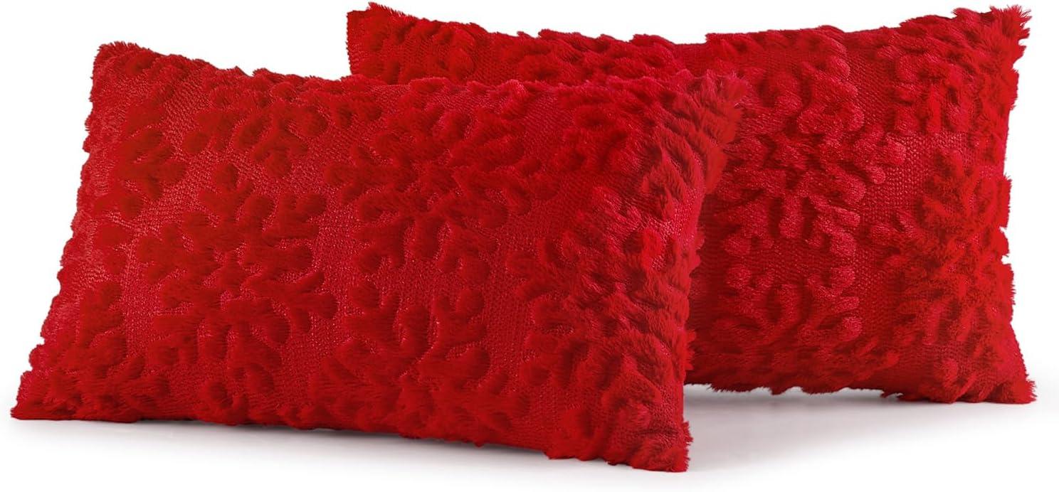 Red Faux Wool Snowflake Decorative Pillow Covers 12x20 Inch Set