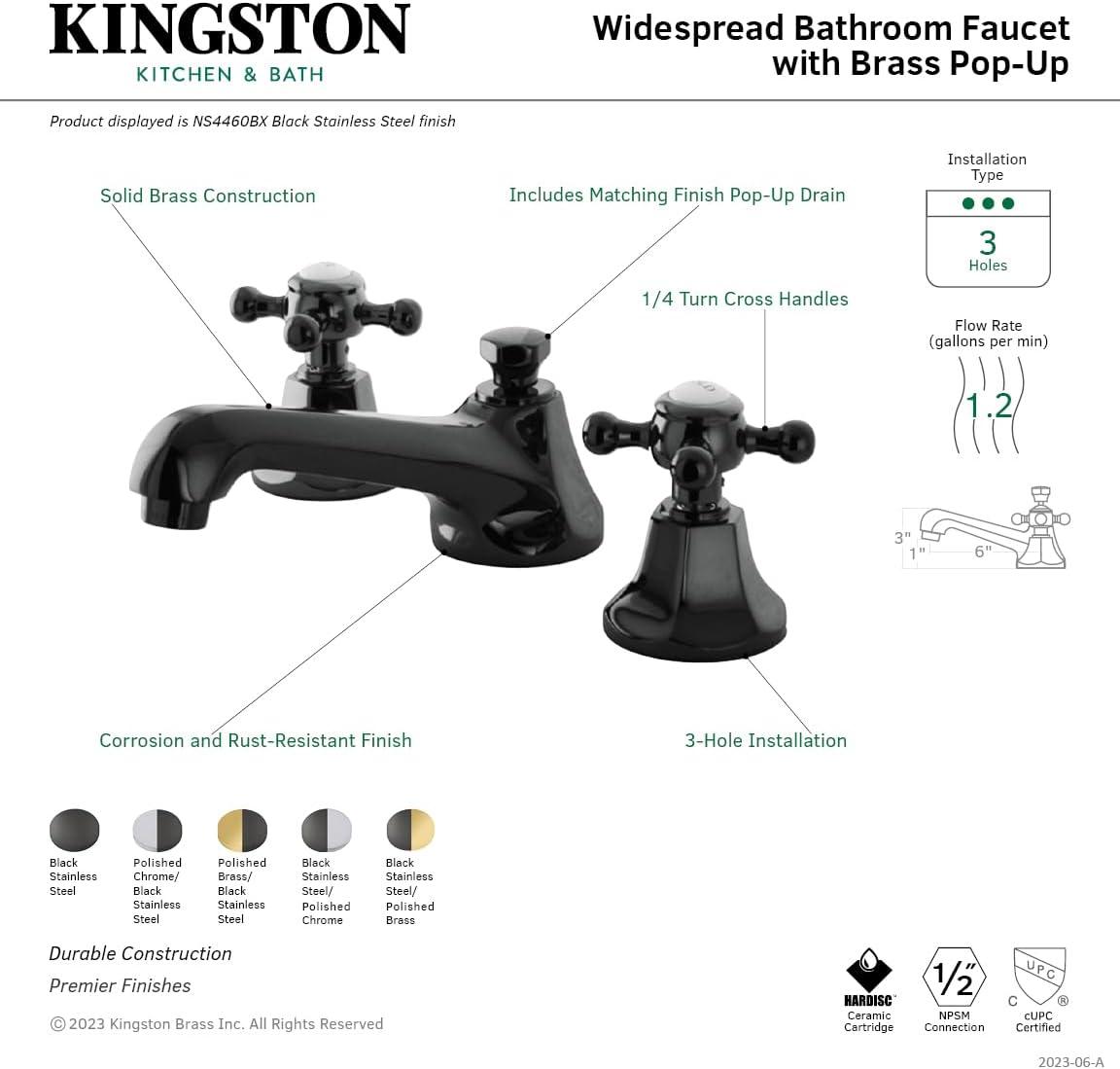 Kingston Brass Water Onyx Two-Handle 3-Hole Deck Mount Widespread Bathroom Faucet with Brass Pop-Up Drain