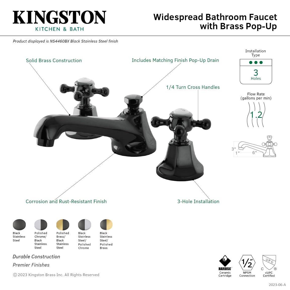 Kingston Brass Water Onyx Two-Handle 3-Hole Deck Mount Widespread Bathroom Faucet with Brass Pop-Up Drain