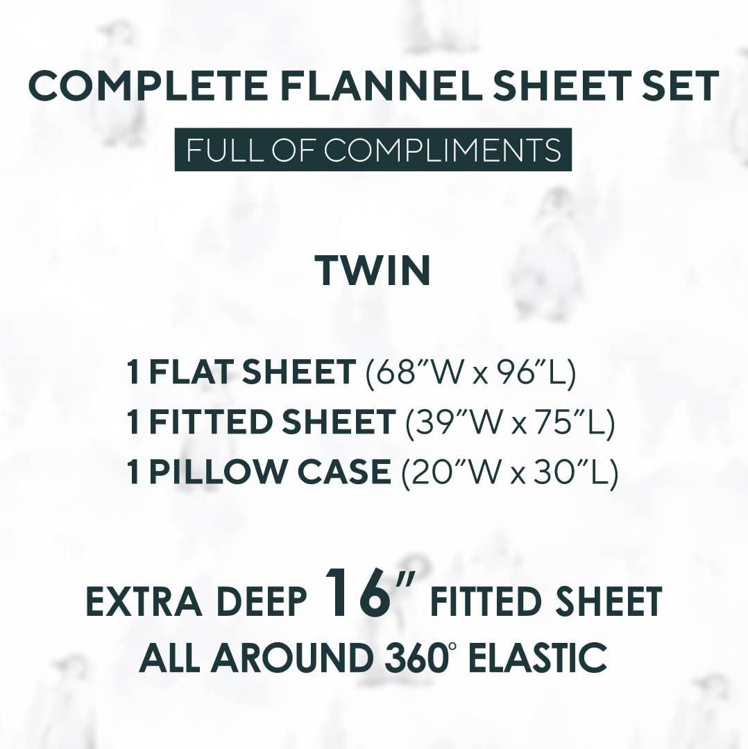 Sleepdown Twin Sheets - 100% Cotton Flannel Bed Sheets Set with Deep Pockets, Brushed Flannel with Elastic Fitted Sheet Set, Soft & Cozy Sheets - 3 Piece Bedding and Pillowcase set - Penguin