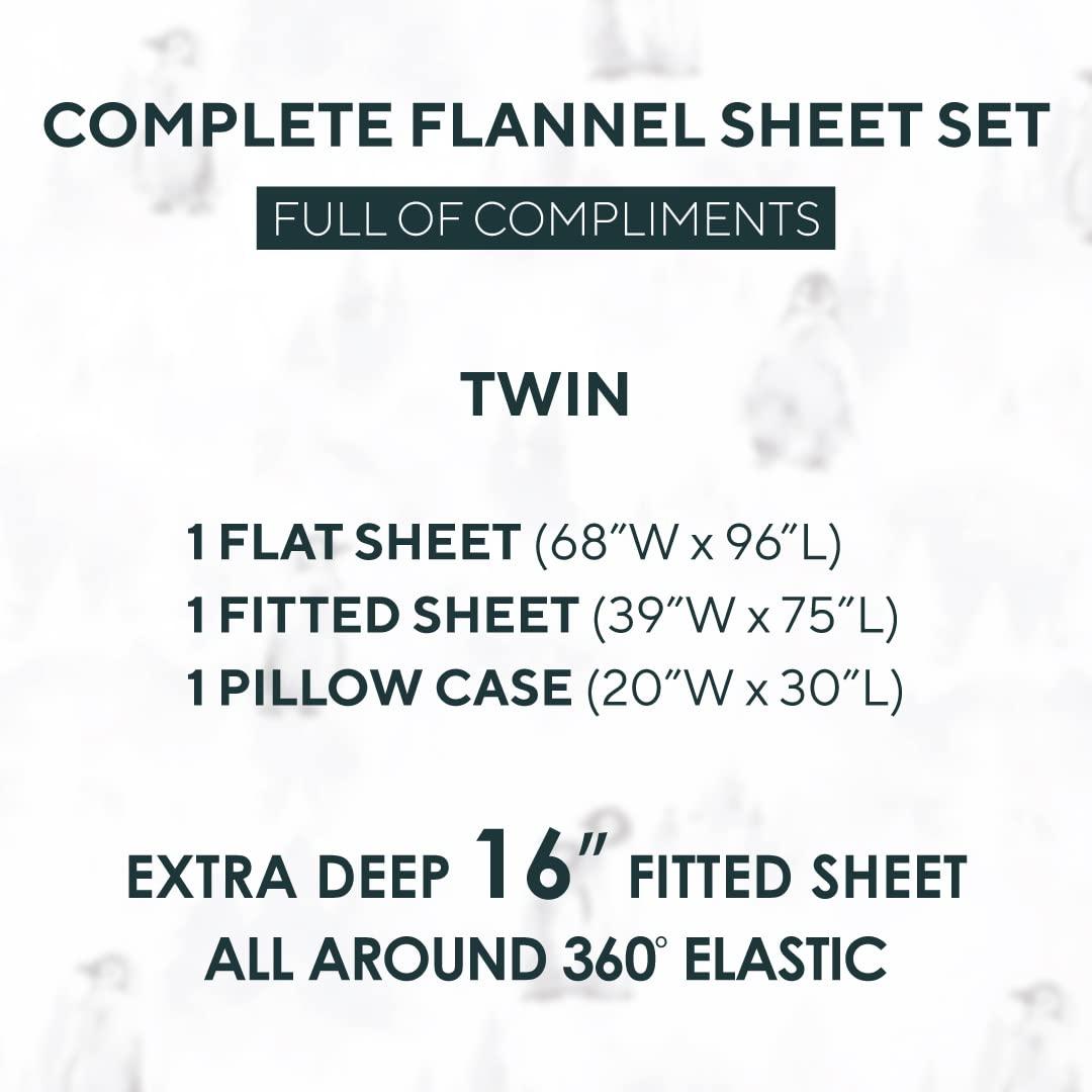 Sleepdown Twin Sheets - 100% Cotton Flannel Bed Sheets Set with Deep Pockets, Brushed Flannel with Elastic Fitted Sheet Set, Soft & Cozy Sheets - 3 Piece Bedding and Pillowcase set - Penguin