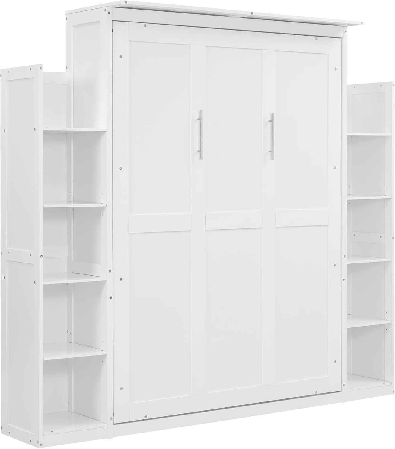 White Full Murphy Bed with Shelves and LED Lights