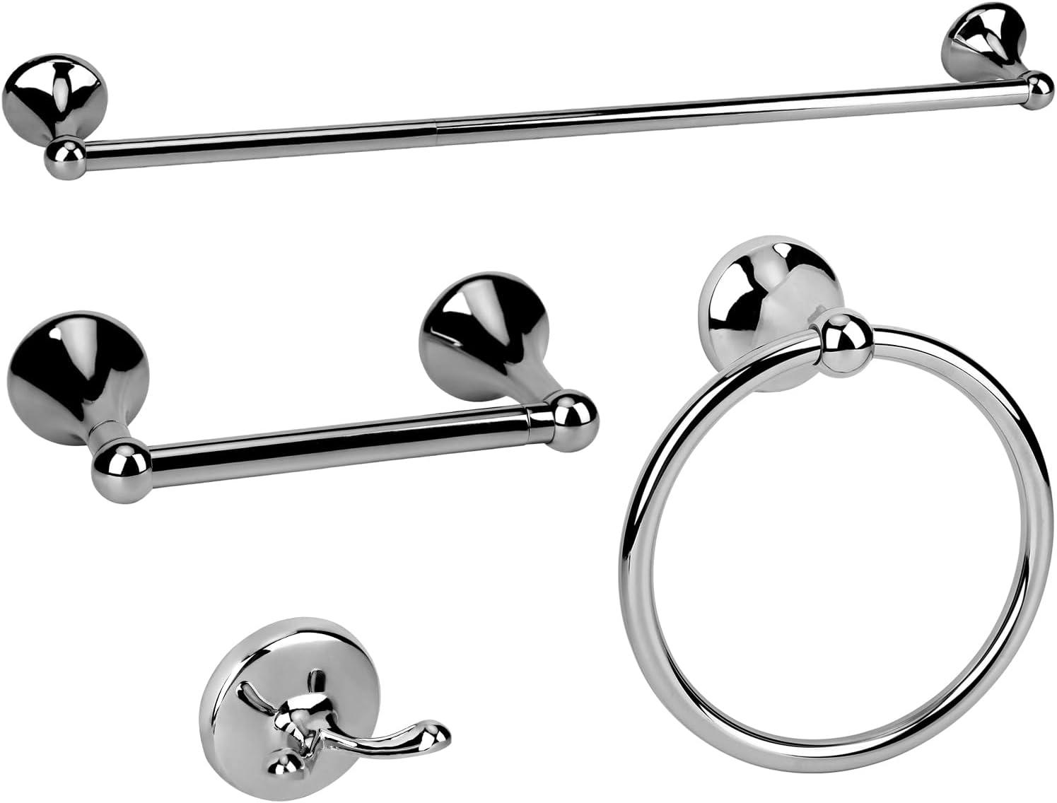 4-Piece Bathroom Hardware Accessory Set With 24" Towel Bar (Chrome Finish)