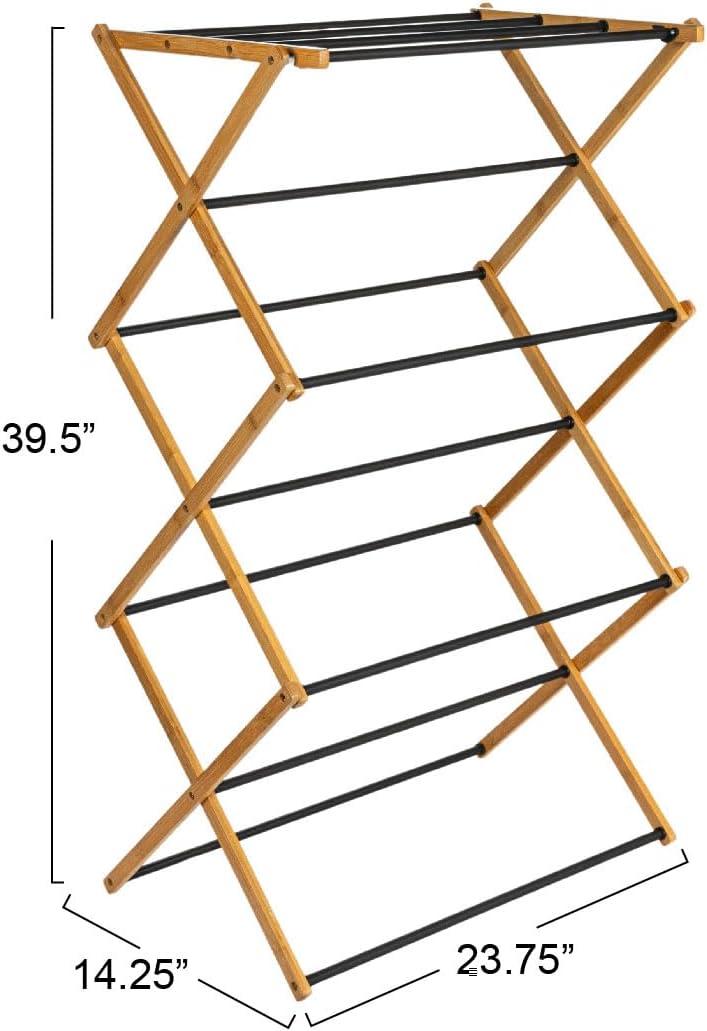 Compact Bamboo and Black Folding Clothes Drying Rack