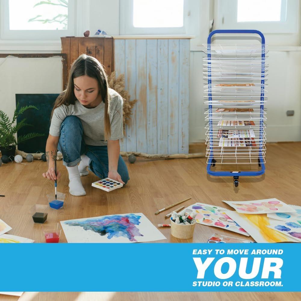 U.S. Art Supply 25 Shelf Art Drying Rack for Classrooms and Studios - Mobile Wheels, Wall Mountable, 25 Removable Shelves - Stack Store Artwork, Canvases Paintings Drawings - 14.5" D x 17.5" W x 38" H