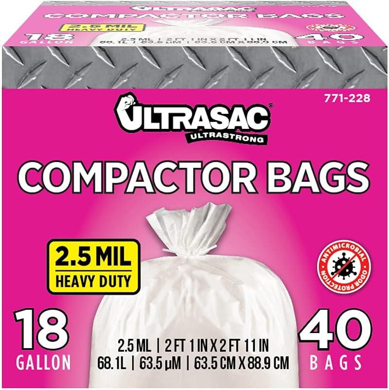 Trash Compactor Bags - (40 Pack with Ties) 18 Gallon for 15 inch Compactors - 25" x 35" Heavy Duty 2.5 MIL Garbage Disposal Bags Compatible with Kitchenaid Kenmore Whirlpool GE Gladiator
