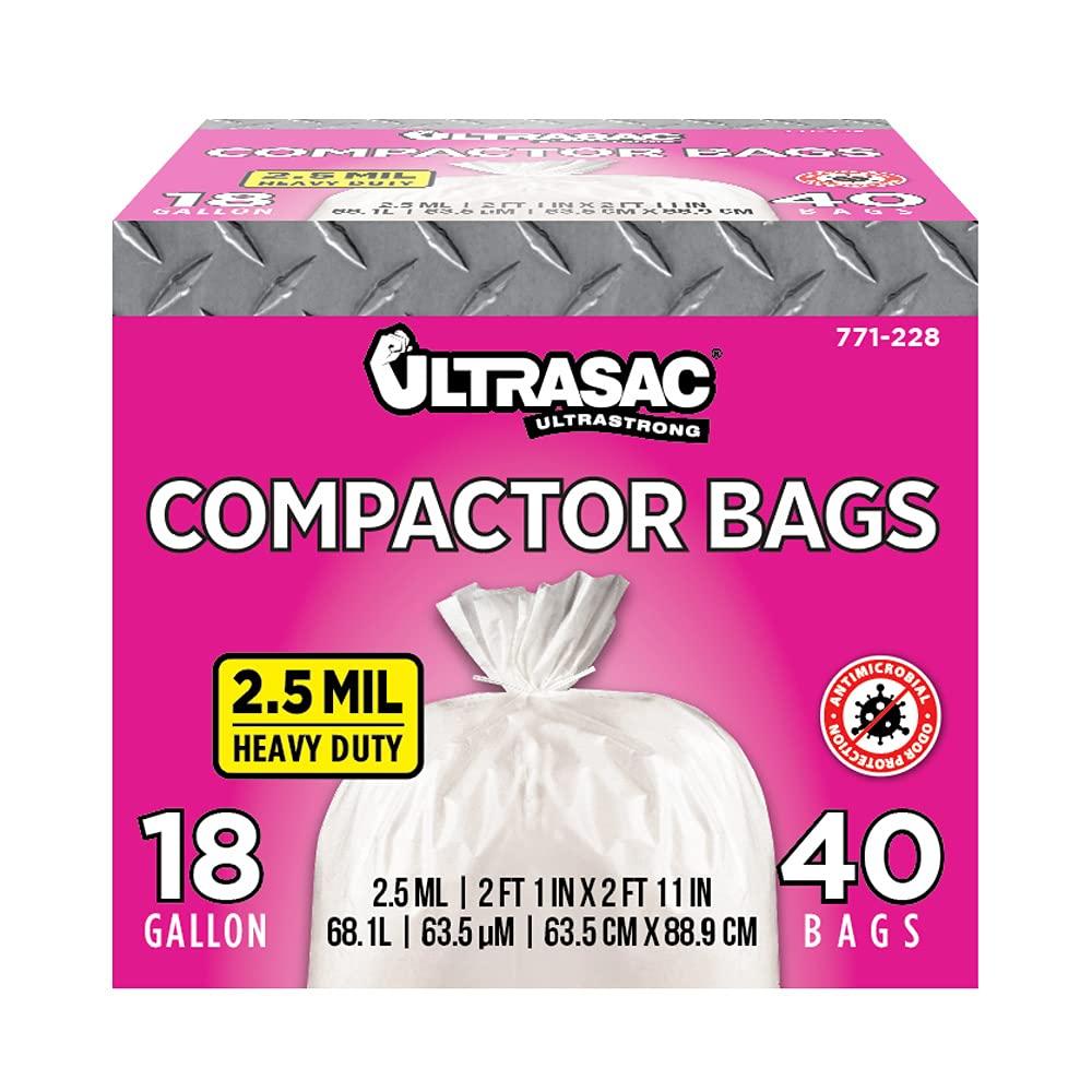Trash Compactor Bags - (40 Pack with Ties) 18 Gallon for 15 inch Compactors - 25" x 35" Heavy Duty 2.5 MIL Garbage Disposal Bags Compatible with Kitchenaid Kenmore Whirlpool GE Gladiator