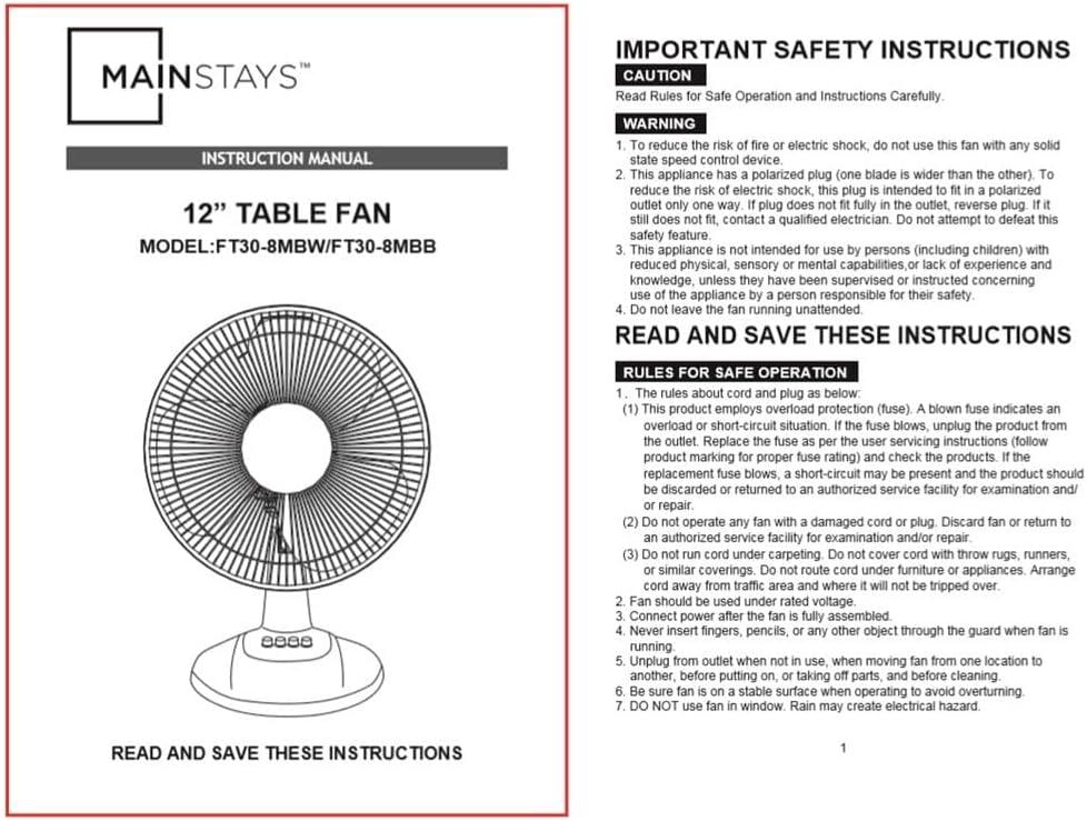 Mainstays 12" 3-Speed Oscillating Table Fan, FT30-8MBW, New, White