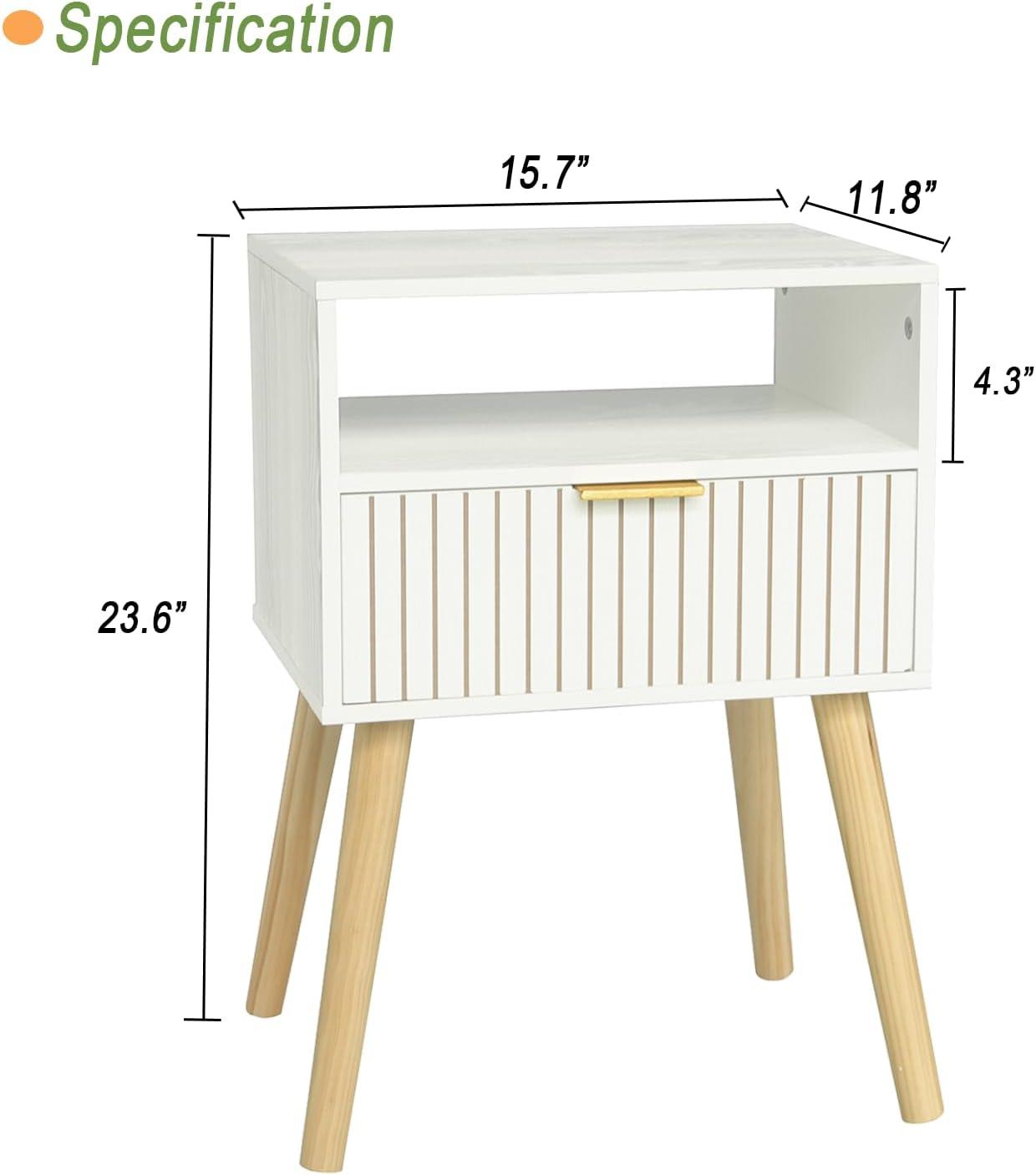 White Nightstand, Mid Century Modern Nightstand, Small Bedside Table End Table for Bedroom with 2-Tier Storage, White