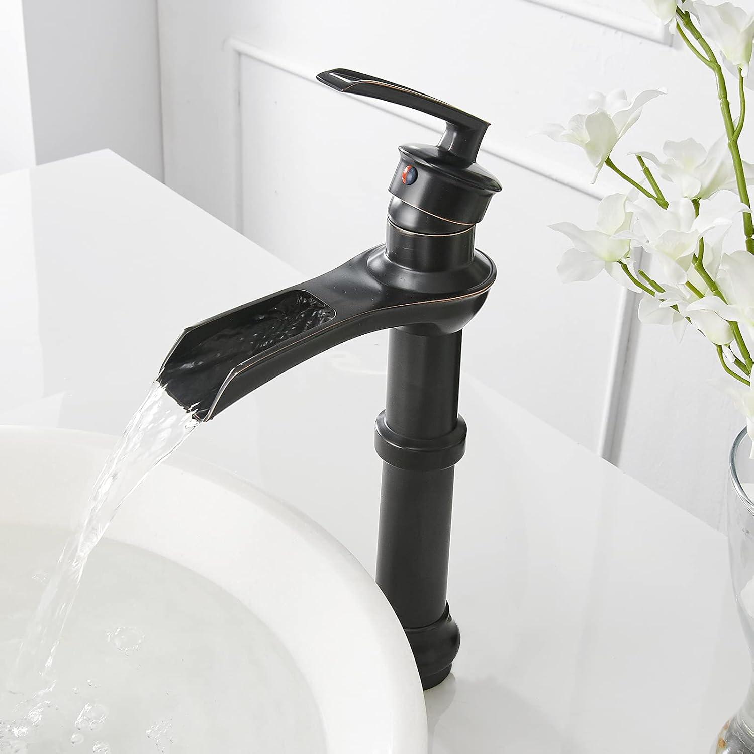 Vessel Sink Faucet Oil Rubbed Bronze Bathroom Faucet Waterfall Farmhouse Single Hole Single Handle for Sink Lavatory Faucets with Pop Up Drain Without Overflow Supply Line