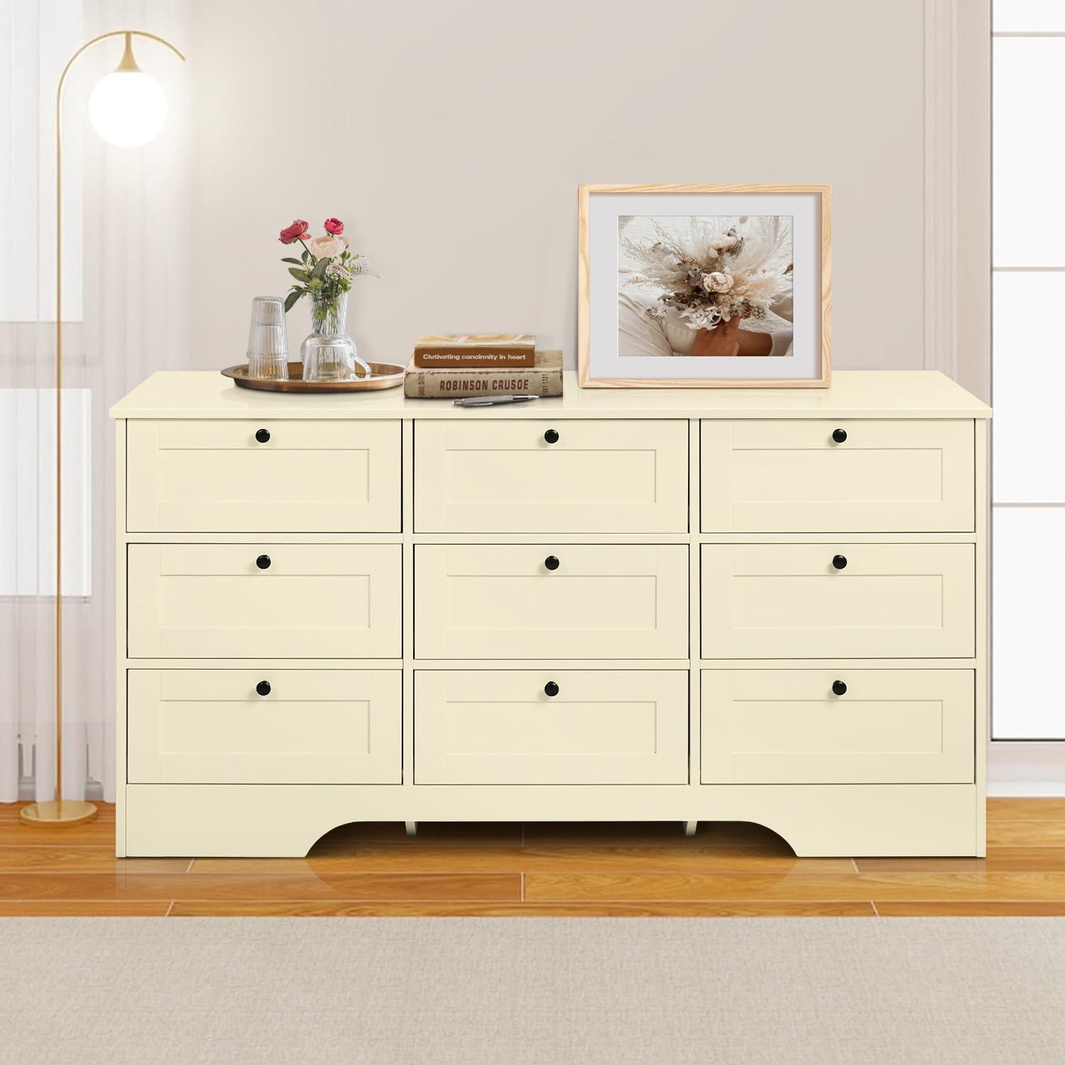 Beige Double 9-Drawer MDF Wood Dresser