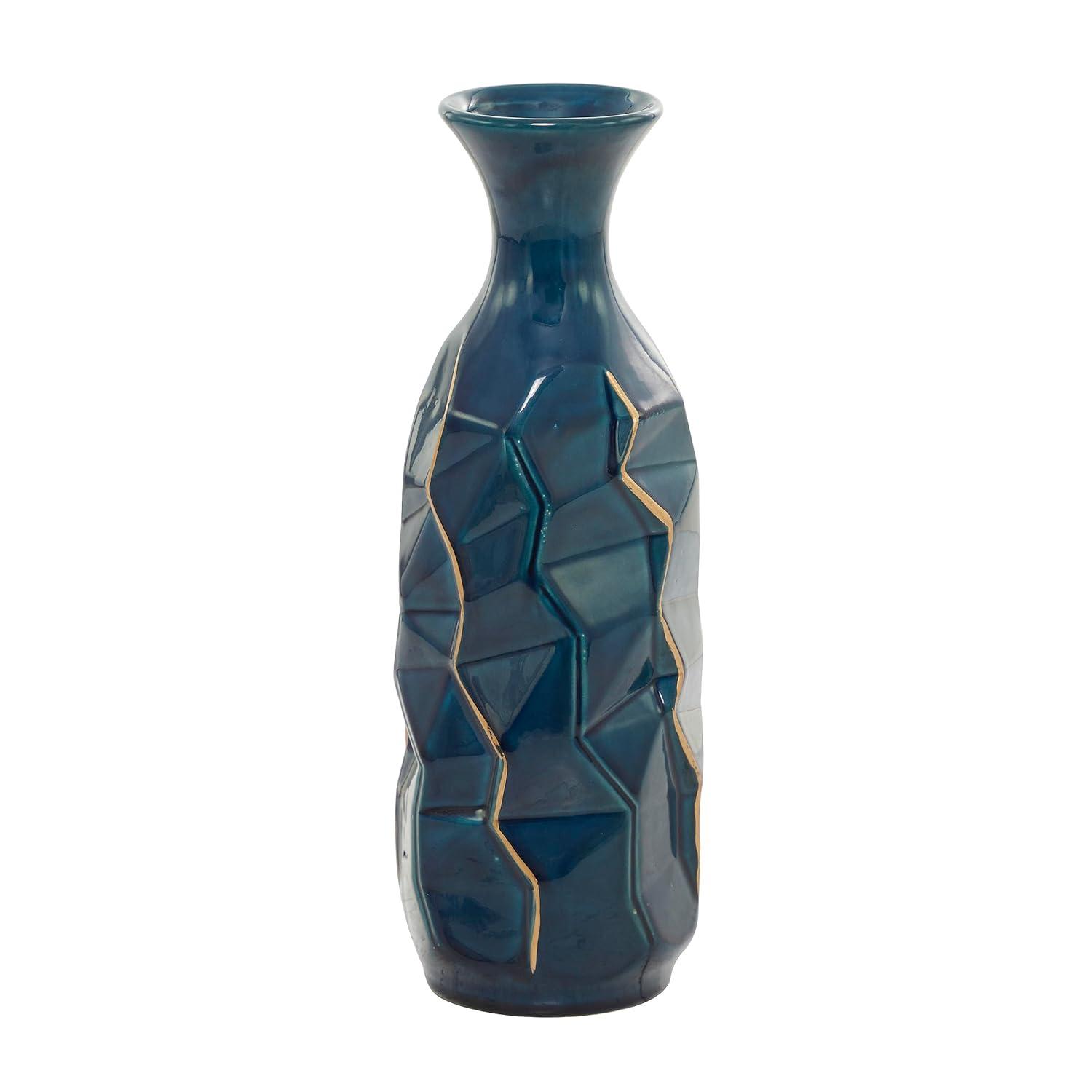 DecMode Blue Ceramic Modern and Coastal Vase 5"W x 15"H, featuring Minimalist Design with clean Lines and Angular Structures