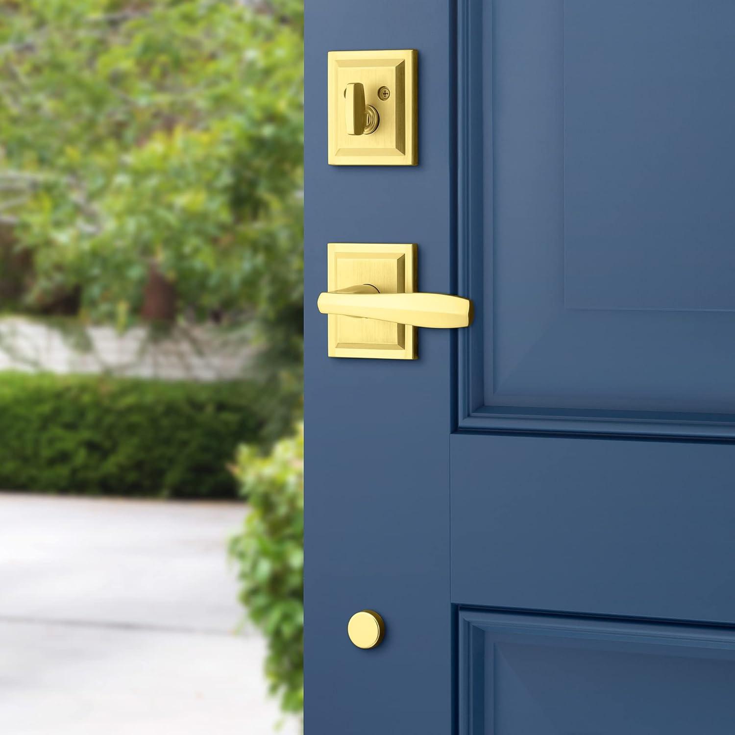 Baldwin Torrey Pines, Front Entry Handleset with Interior Lever, Featuring SmartKey Deadbolt Re-Key Technology and Microban Protection, in Satin Brass