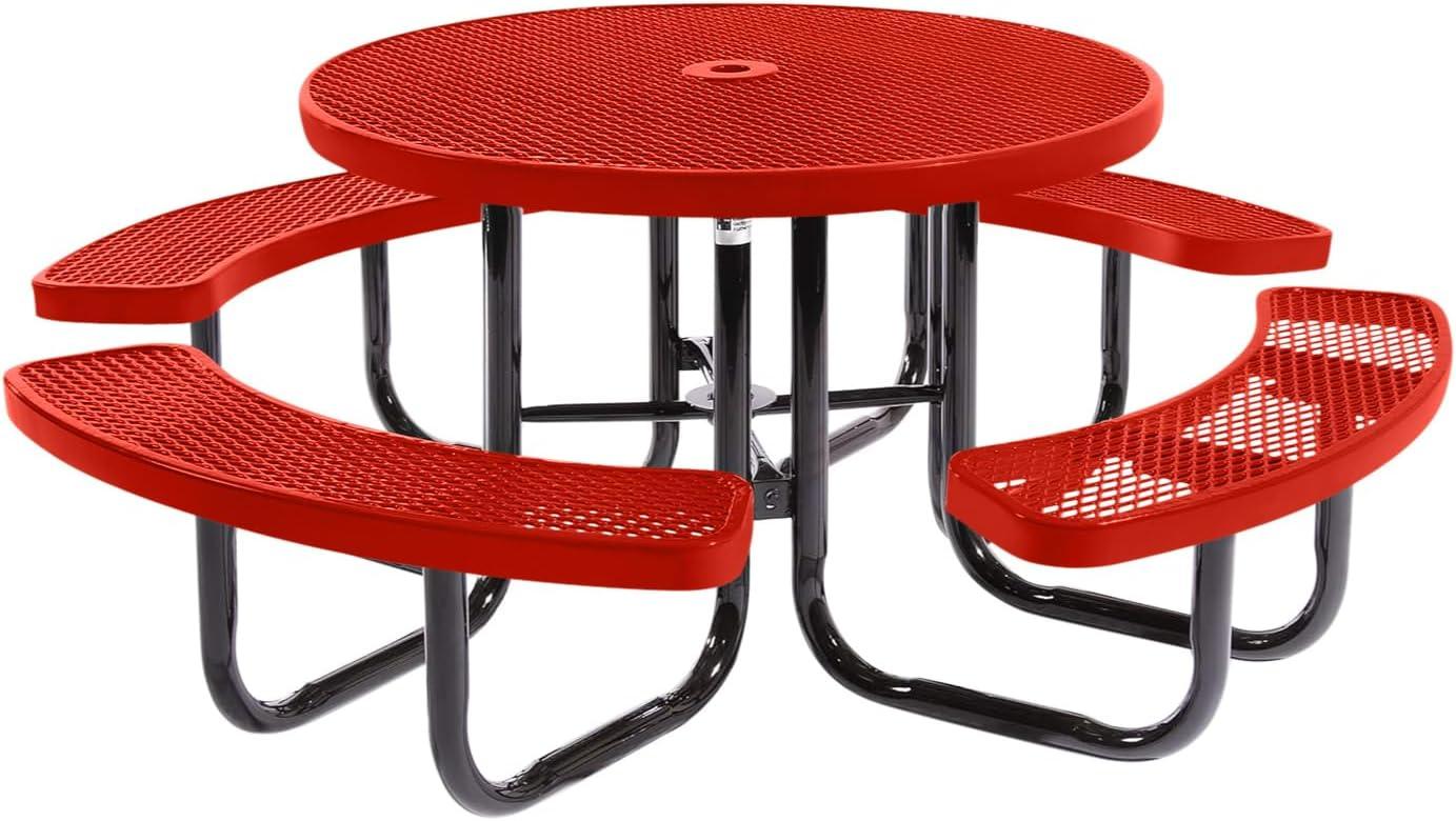 46" Round Red Expanded Metal Picnic Table with Black Frame