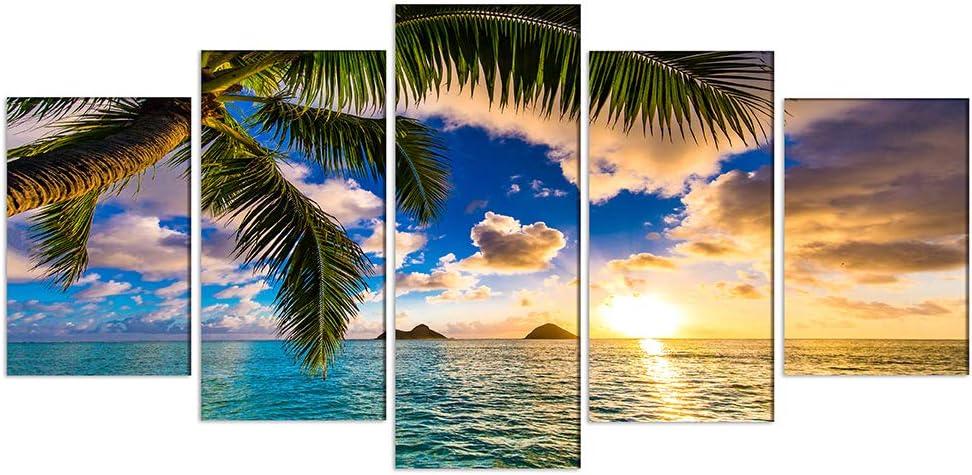 Modern 5 Piece Framed Giclee Canvas Prints - Blue Beach Landscape Blue Paintings on Canvas Wall Art Canvas Print Frame Picture Painting (B-5pcs,40"x20")