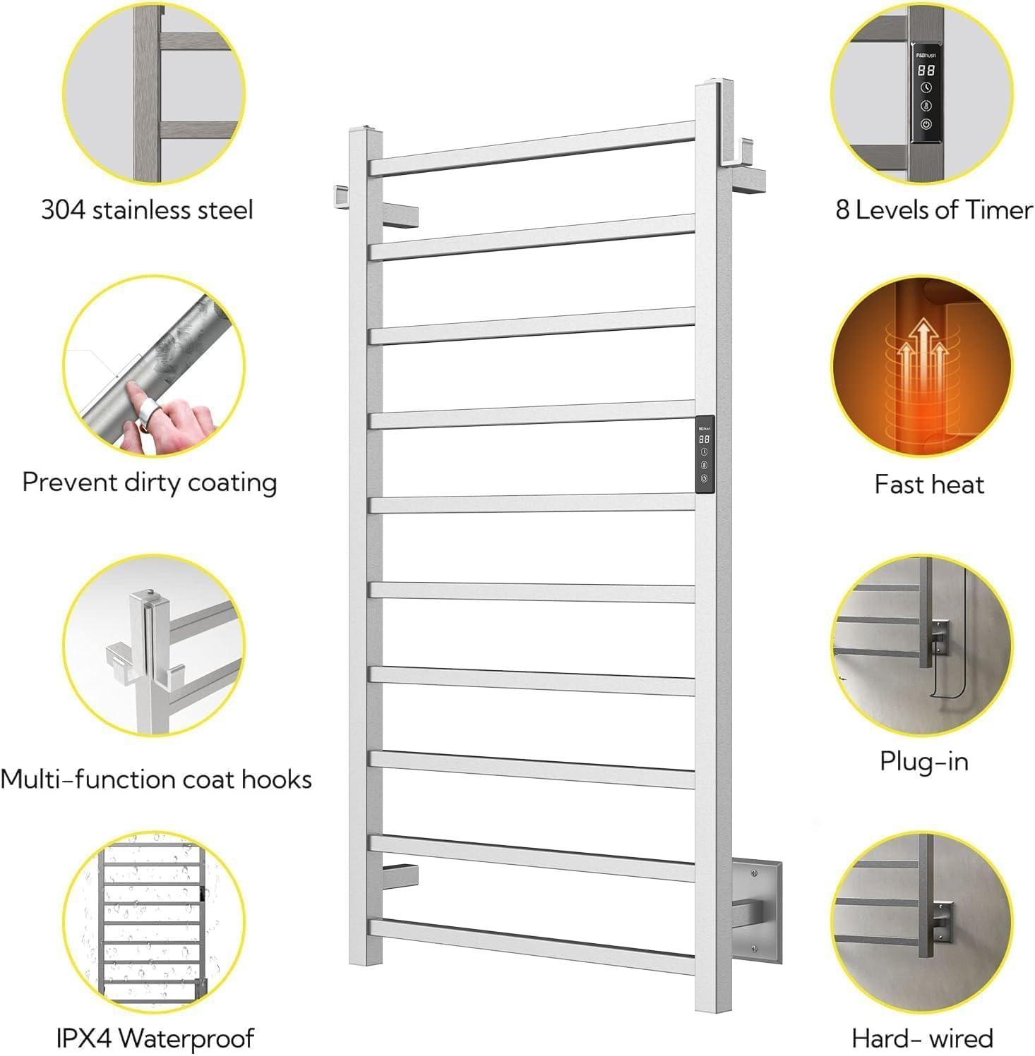 P&Bhusri Towel Warmer, 10-Bar Heated Towel Rack for Bathroom, Electric Towel Warmer with Timer & Temperature Multi-Level Adjustments, Brushed, Plug-in/Hard-Wired
