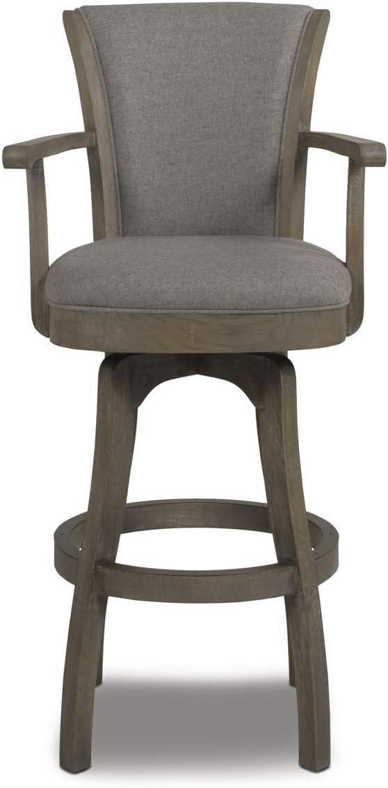 Distressed Wood Swivel Bar Stool with Gray Leather Cushion and Armrests