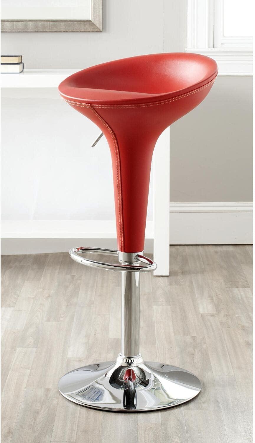 Transitional Tulip Red Leather Swivel Adjustable Bar Stool