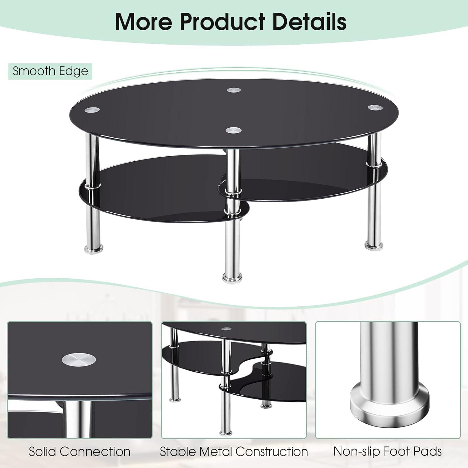 Costway Tempered Glass Oval Side Coffee Table Shelf Chrome Base Living Room Black