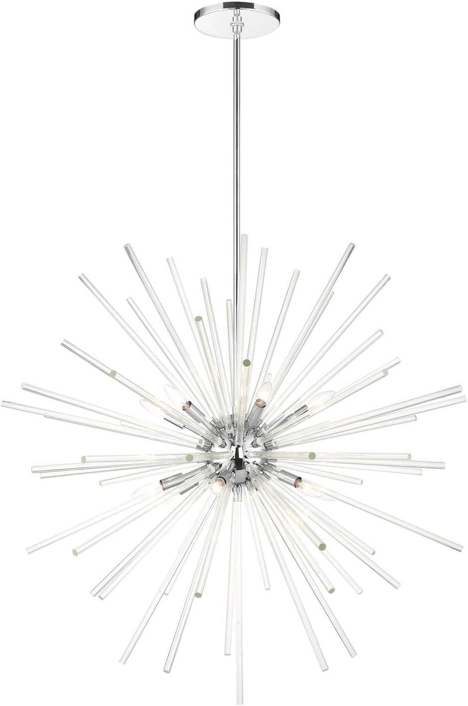 Polished Chrome 12-Light Foyer Pendant Chandelier with Clear Crystal Rods
