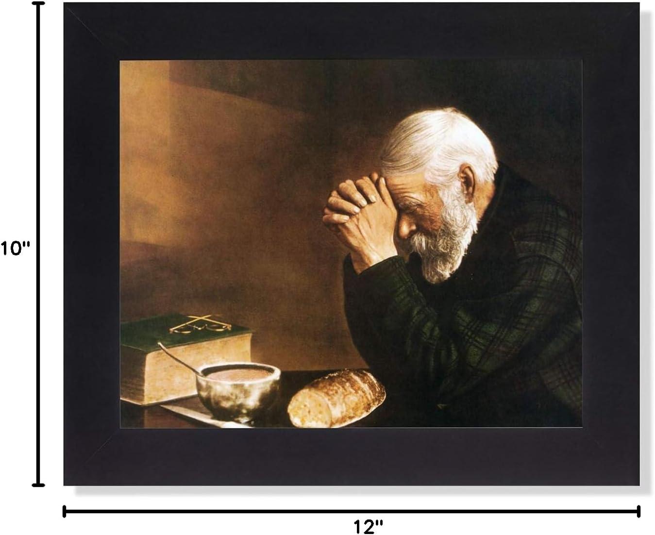Daily Bread Man Praying Grace Thanksgiving at Dinner Table Grace Religious Art Print 8x10" Black Frame + Glass Sentimental Gift Ready to Hang Overall Size 10x12"