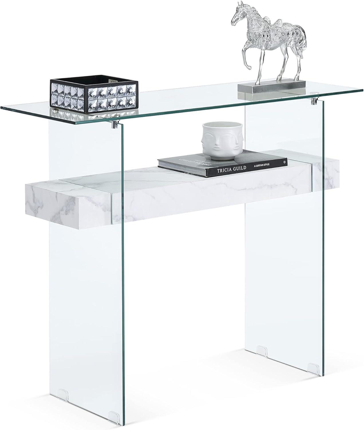 Sleek Dark Brown Glass-Top Console Table with Storage, 39.4"