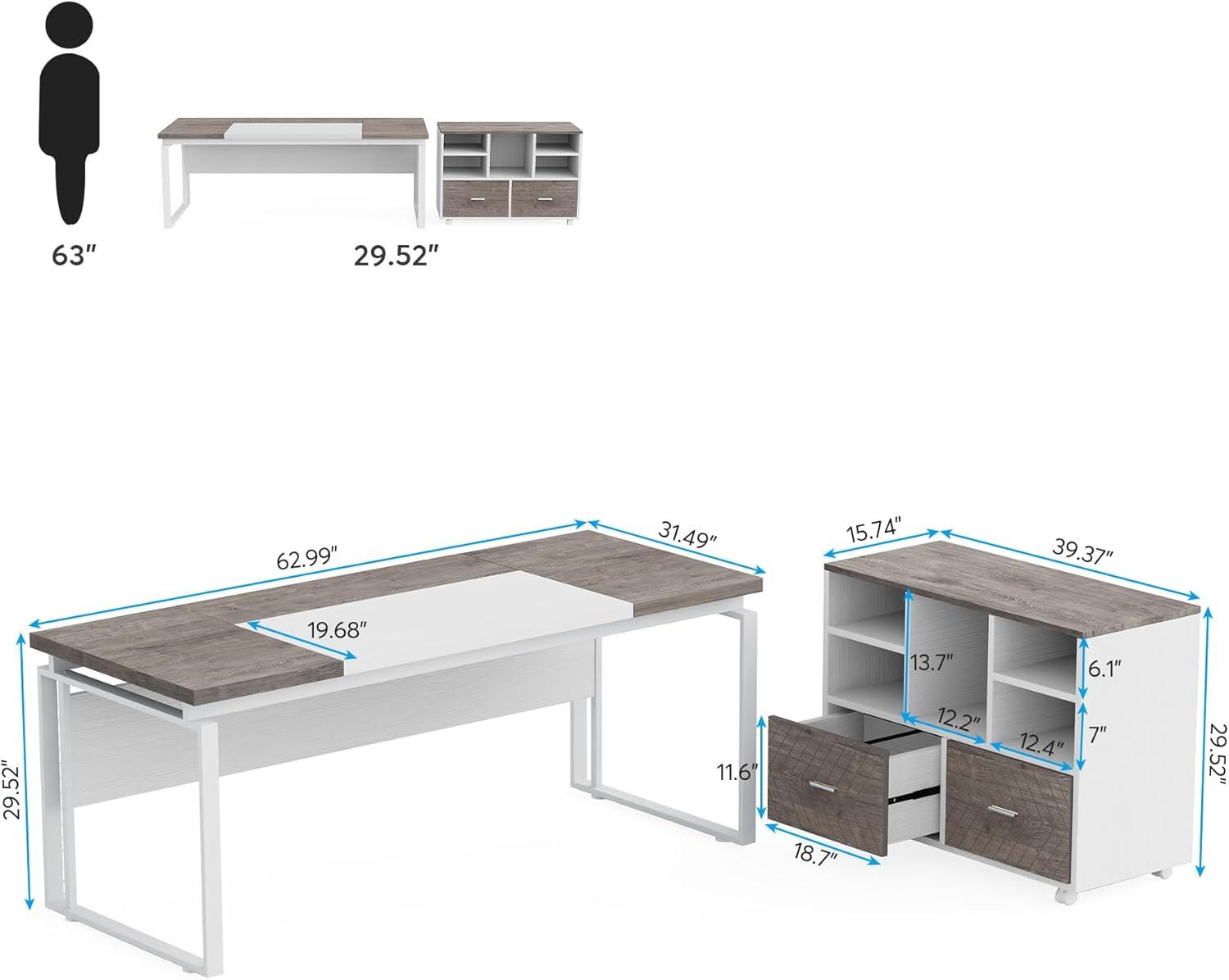 Tribesigns 63 inch L-Shaped Executive Desk with Reversible File Cabinet, Office Desk with Storage Drawers, Gray & White