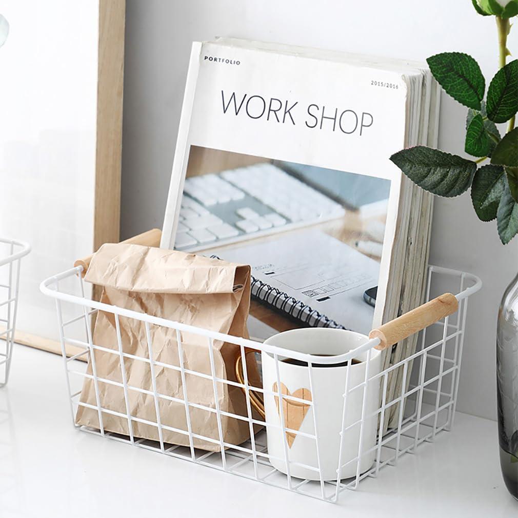 Wire Basket 2 Pcs Wire Storage Baskets Wire Baskets Organizing with Wooden Handles Wire Basket Pantry Organization and Storage Metal Wire Food Storage Basket for Kitchen, Cabinets (White 2PCS)