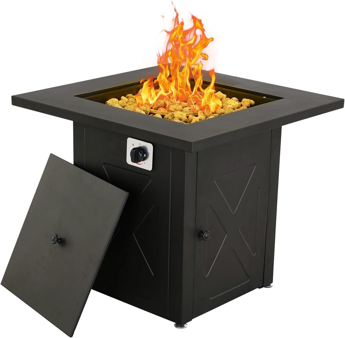 Magshion 28 inch Fire Pit Table 50,000 BTU Propane Gas Fire Pit Table with Lava Rocks and Metal Lid for Outdoor Patio Backyard, Black