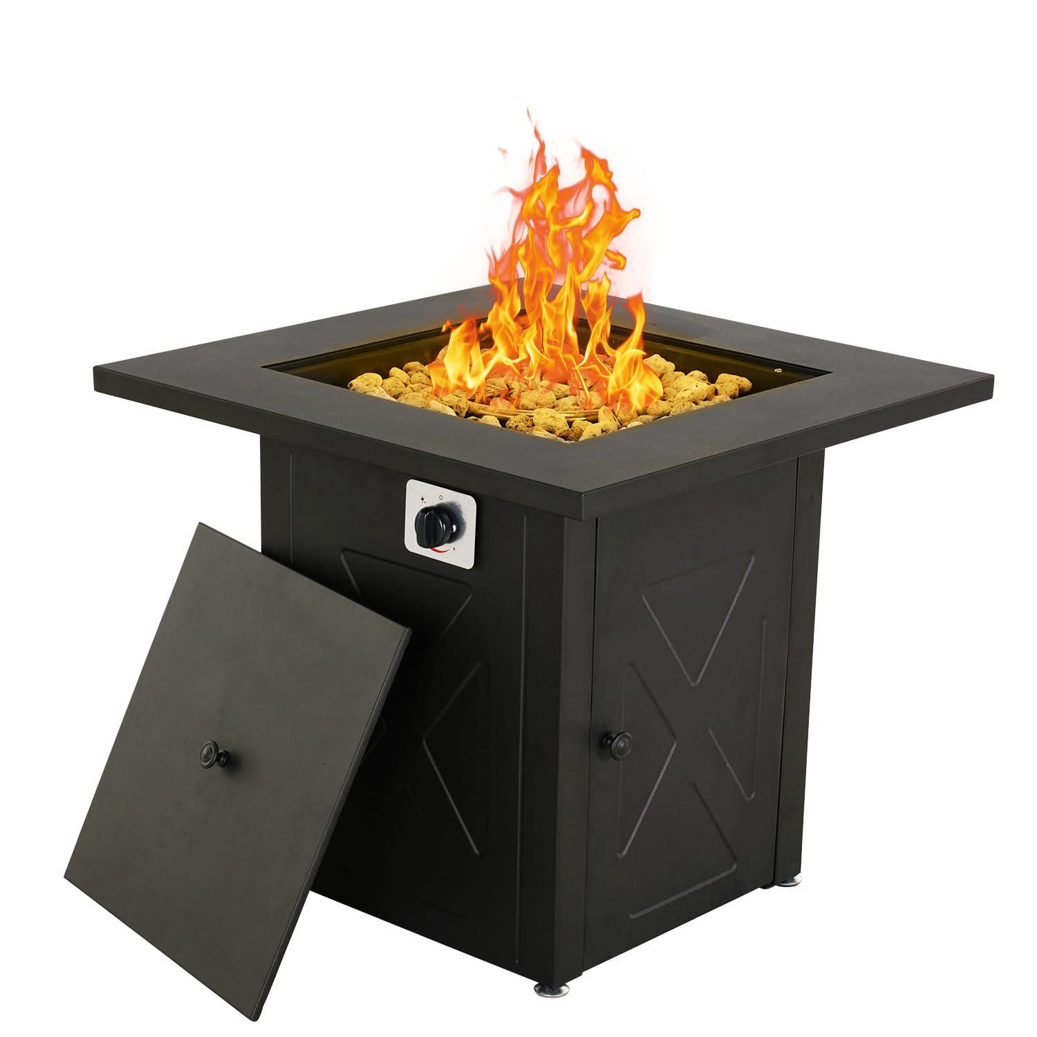 Magshion 28 inch Fire Pit Table 50,000 BTU Propane Gas Fire Pit Table with Lava Rocks and Metal Lid for Outdoor Patio Backyard, Black