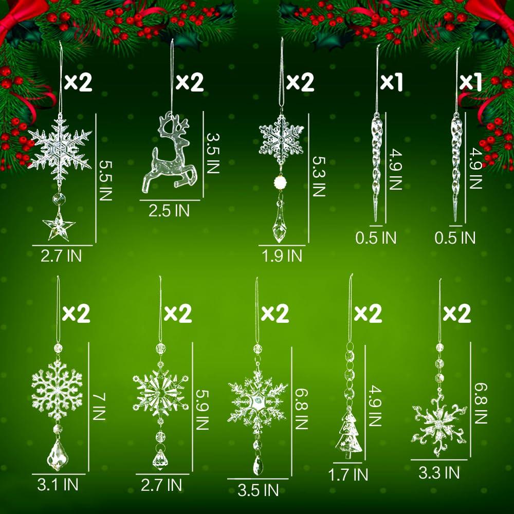 Meottam 18 Pieces Christmas Tree Ornaments - Hanging Acrylic Snowflake Icicle Drop Hanging Ornaments for Party Decor Christmas Wedding Birthday Winter Decor (Iridescent)