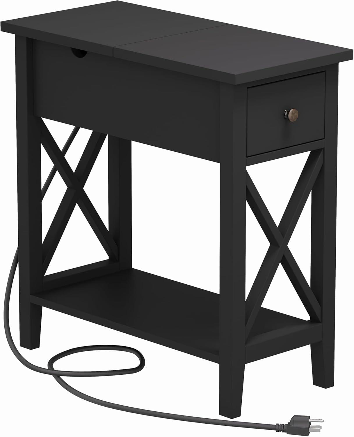 Black MDF Rectangular End Table with Storage and Charging Station