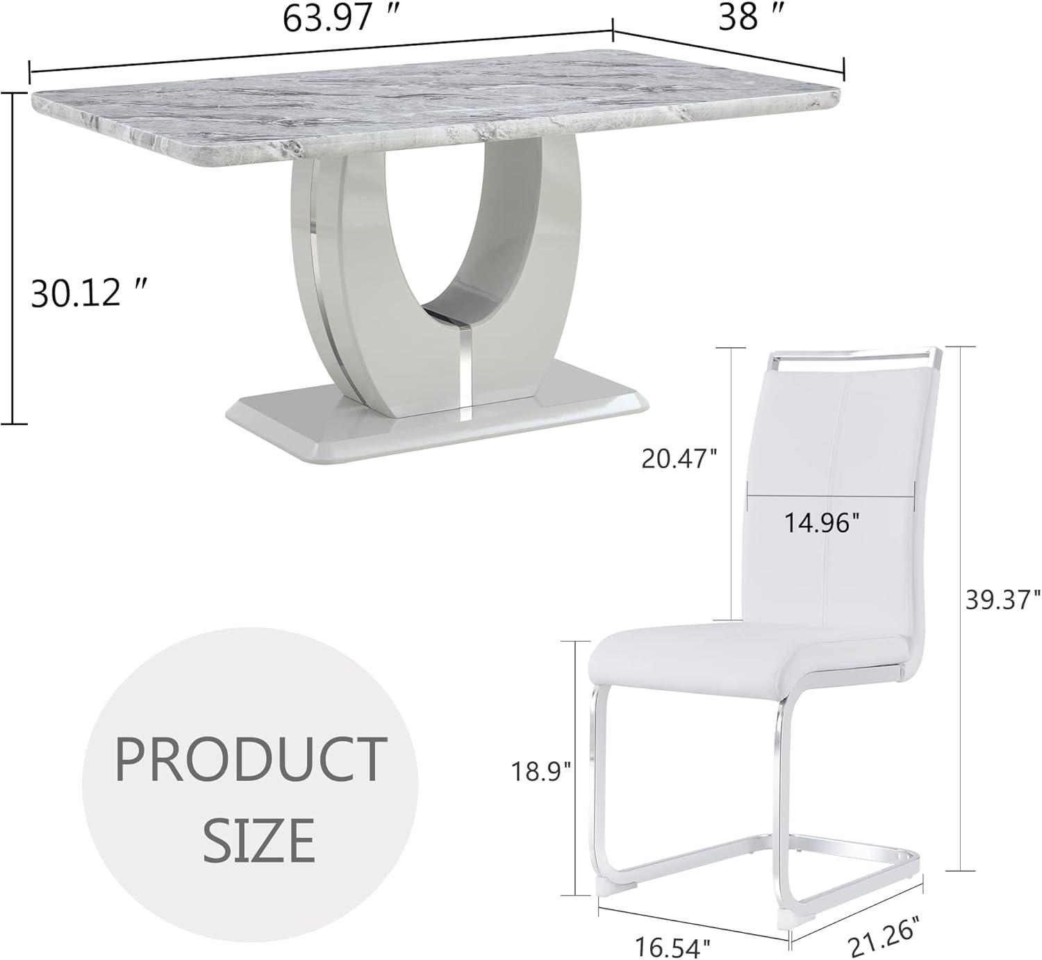 Modern White Faux Marble Dining Table Set with 6 Gray PU Leather Chairs