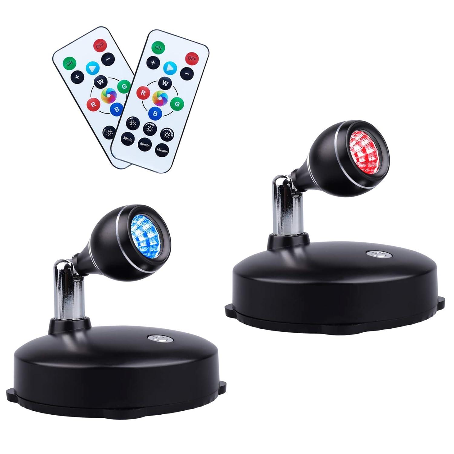LED Spot Light Indoor, Battery Operated Led Light Stick Up Lights with Remote, Mini Spotlight Dimmable Accent Lights for Lighting up Paintings Pictures(RGB 2 Pack)