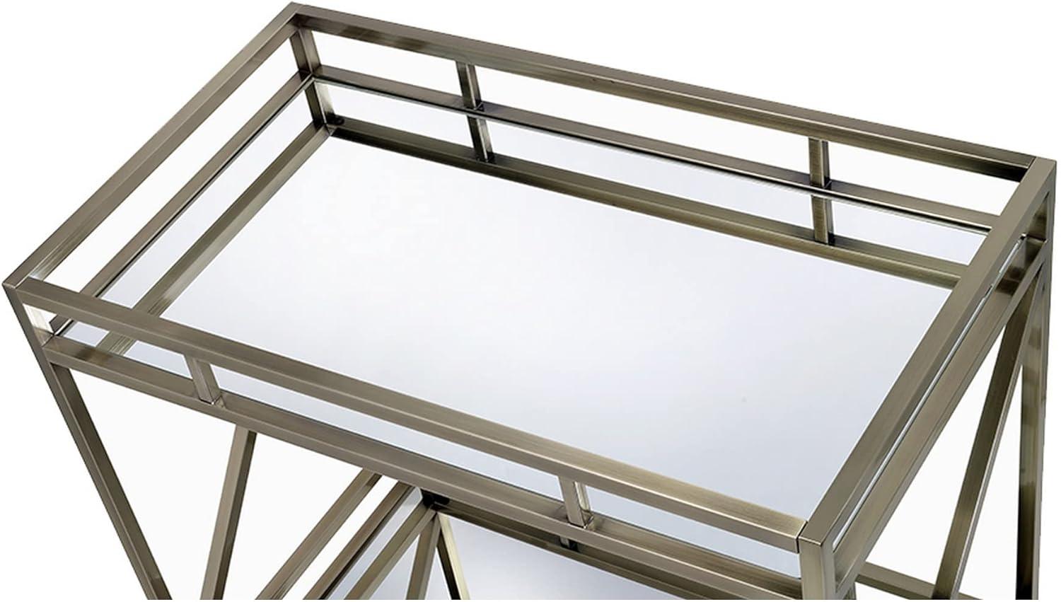 Benzara Metal Framed Two Tier Serving Cart with X Shaped Side Panels, Mirrored, Antique Gold