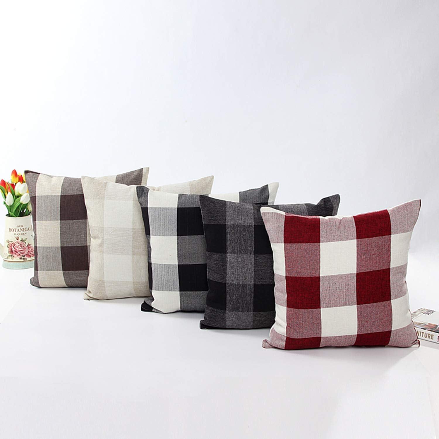 Jiuhong Cotton Linen Throw Pillow Covers Farmhouse Decor Checkers Plaids Square Cushion Case Home Decorative for Sofa Bedroom Car, 2 Pack (Beige, 18 x 18 Inch)
