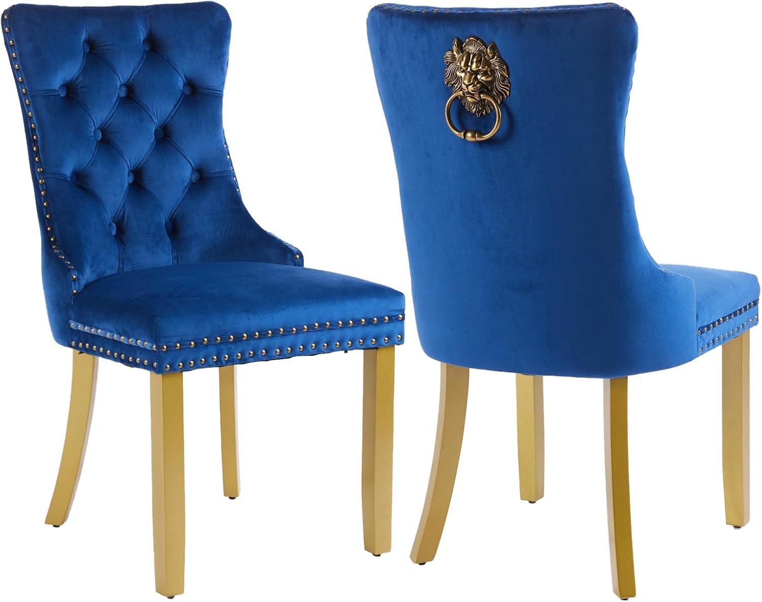 Velvet Upholstered Dining Chairs, Set of 2, Dining Room Tufted Chair, Modern Button Tufted Armless Chairs with Nailhead Trim and Back Ring Pull, Gold Legs, for Dining Room, Kitchen, Navy