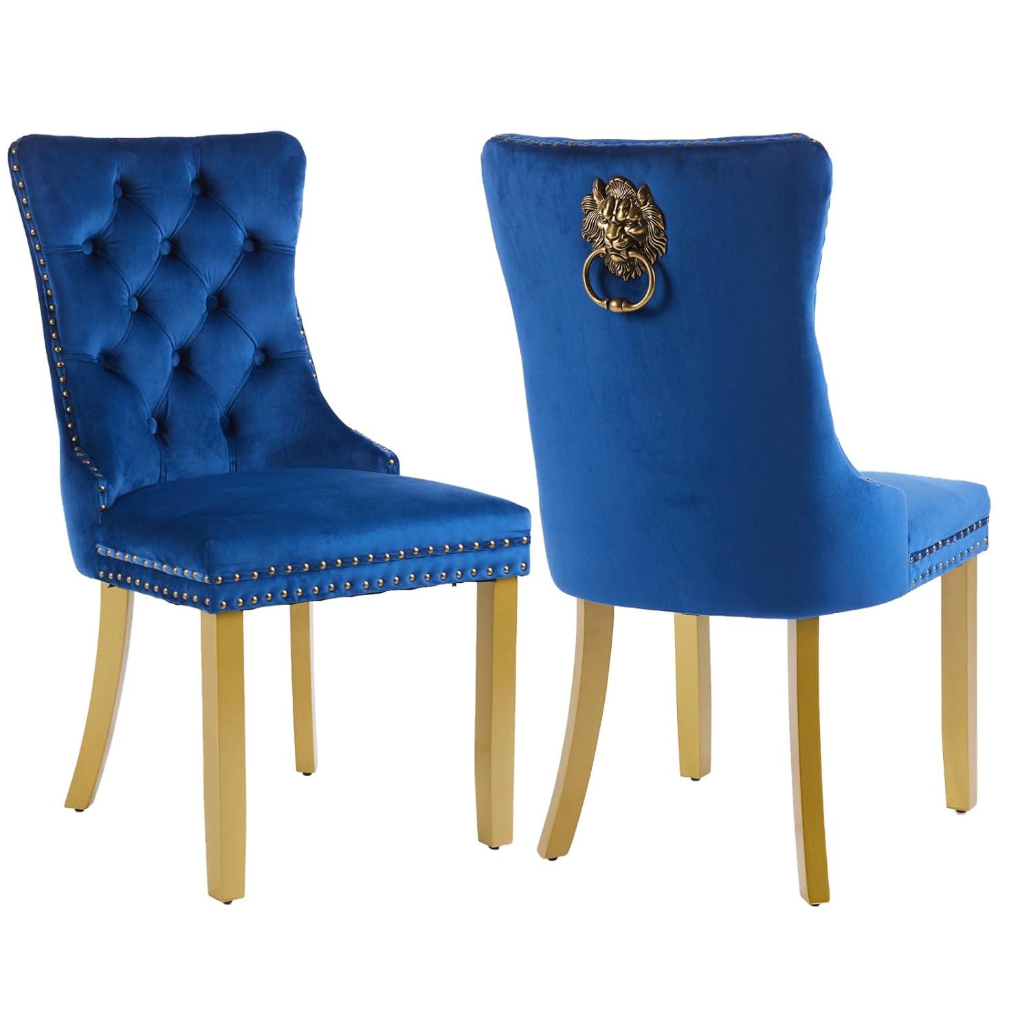 Velvet Upholstered Dining Chairs, Set of 2, Dining Room Tufted Chair, Modern Button Tufted Armless Chairs with Nailhead Trim and Back Ring Pull, Gold Legs, for Dining Room, Kitchen, Navy