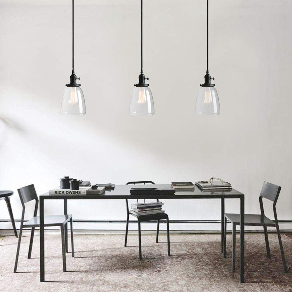 PERMO Vintage Rustic Industrial 3-Lights Kitchen Island Chandelier Triple 3 Heads Pendant Hanging Ceiling Lighting Fixture with Funnel Flared Clear Glass Shade (Black)