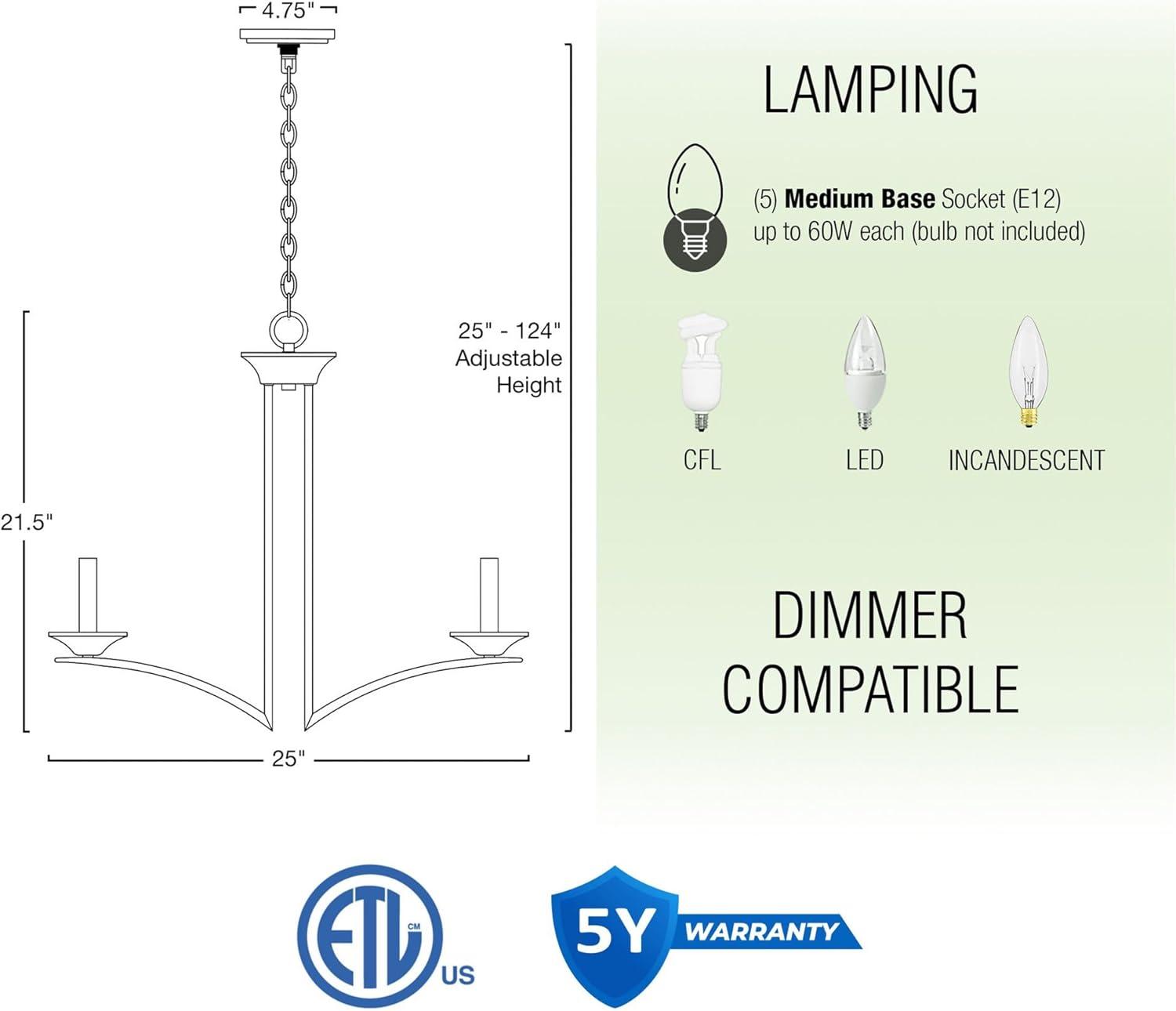 Kira Home Lillie 25" Contemporary 5-Light Candle Chandelier Lighting Fixture, Adjustable Hanging Height, Brushed Nickel