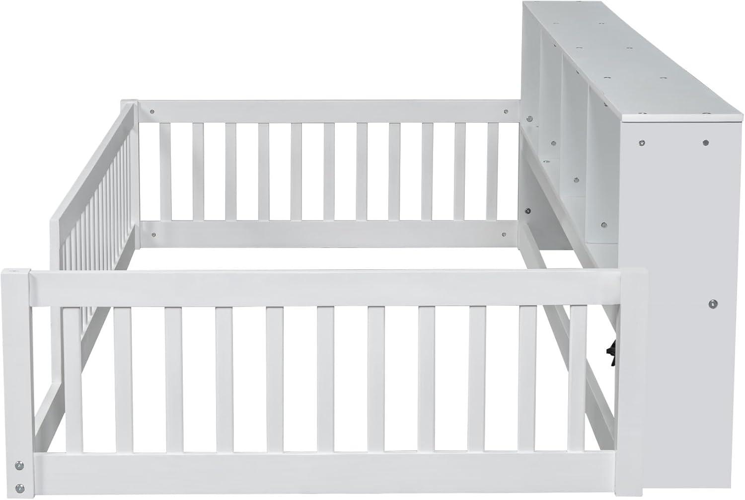 Kumix Twin XL Size Floor Bed with 4 Open Storage Cabinets and USB Ports, Solid Wood Daybed Frame with Semi-Enclosed Fence for Bedroom, No Weight Capacity Limit, Noise-Free, Easy Assembly, White