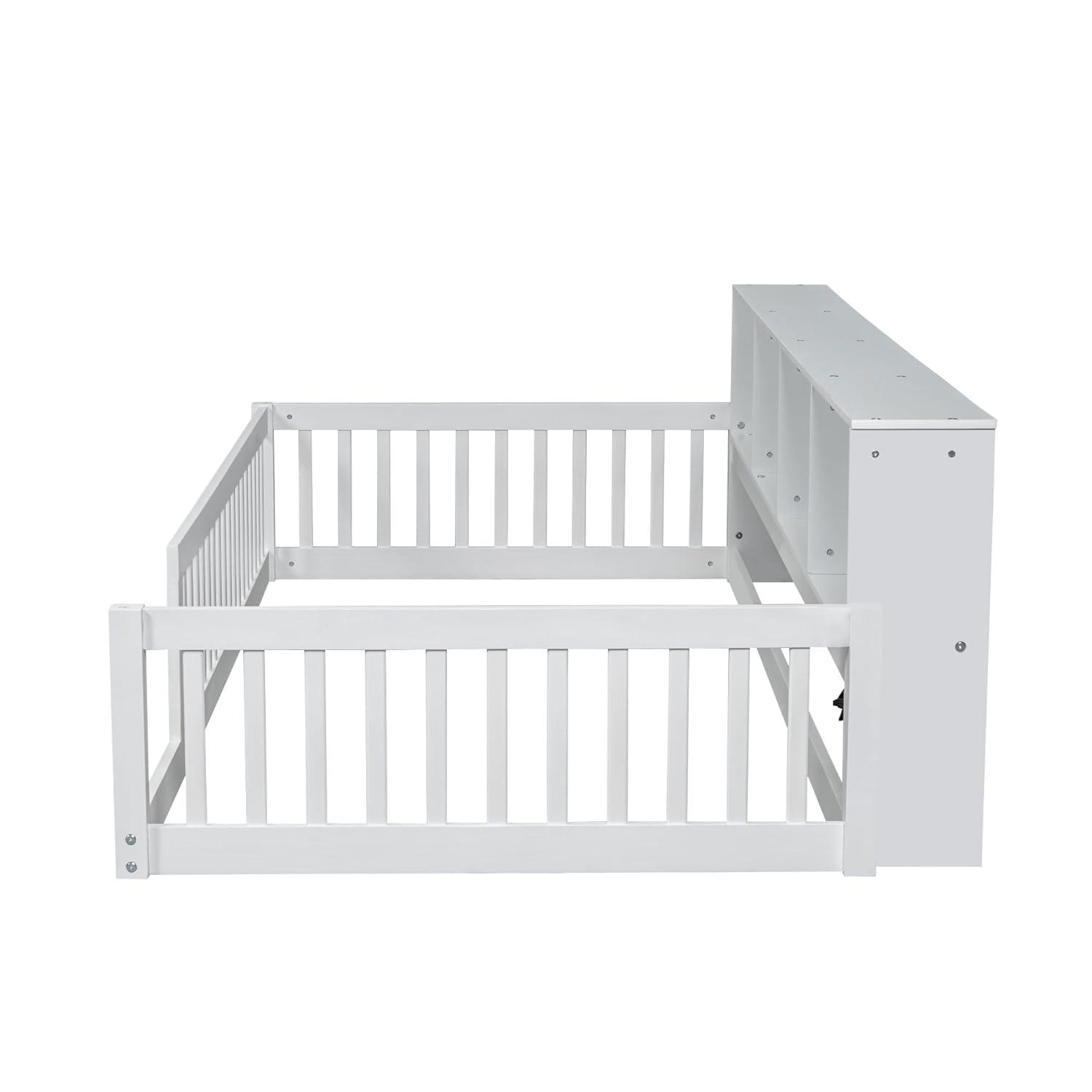 Kumix Twin XL Size Floor Bed with 4 Open Storage Cabinets and USB Ports, Solid Wood Daybed Frame with Semi-Enclosed Fence for Bedroom, No Weight Capacity Limit, Noise-Free, Easy Assembly, White