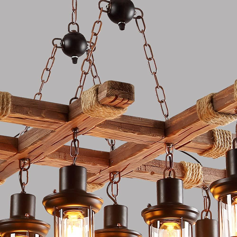 Rongfun 8-Light Rustic Country Chandelier Wood Pendant Lamp Industrial Ceiling Fixture