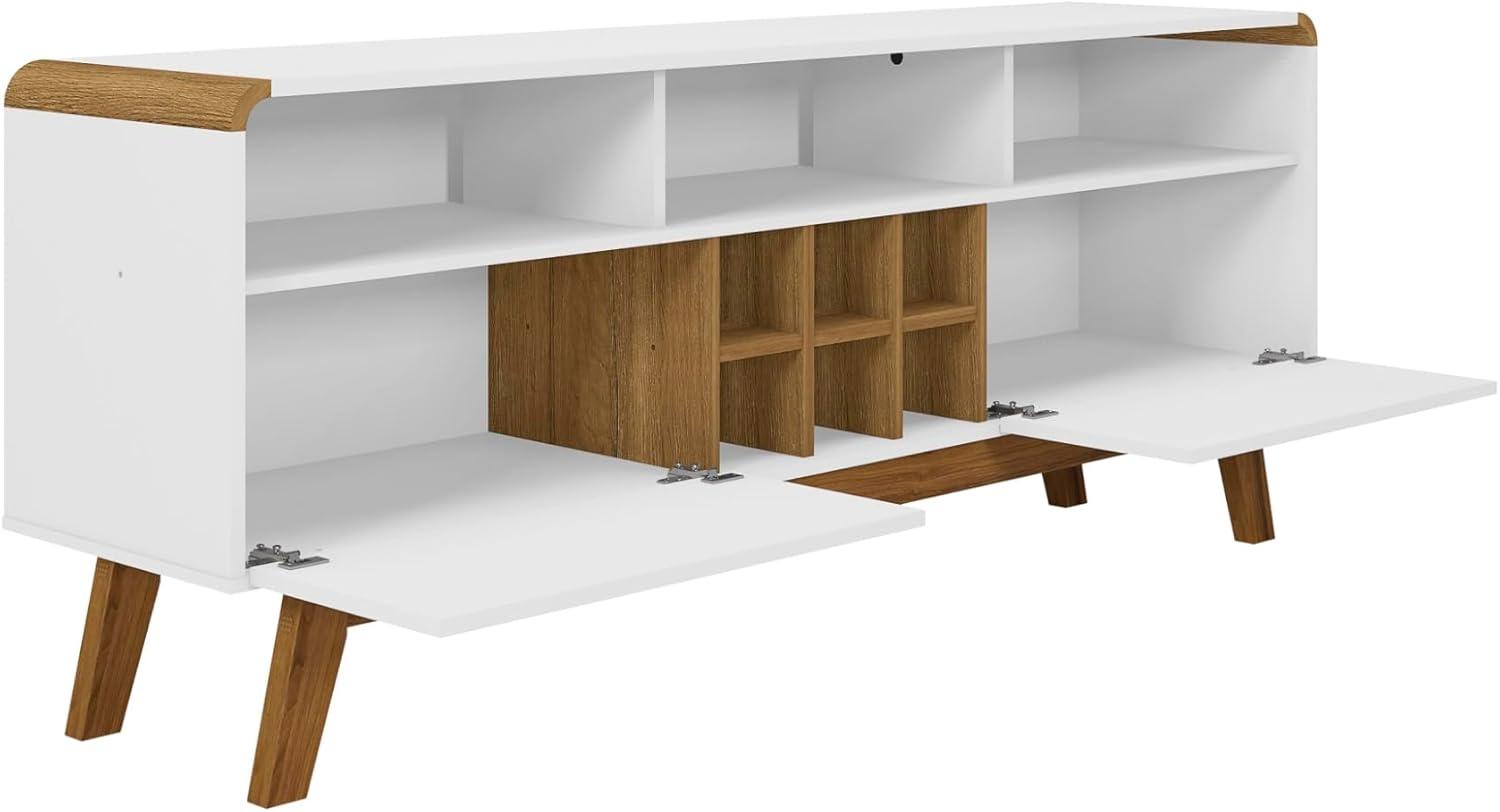 White and Cinnamon Mid-Century Modern TV Stand with Cabinets